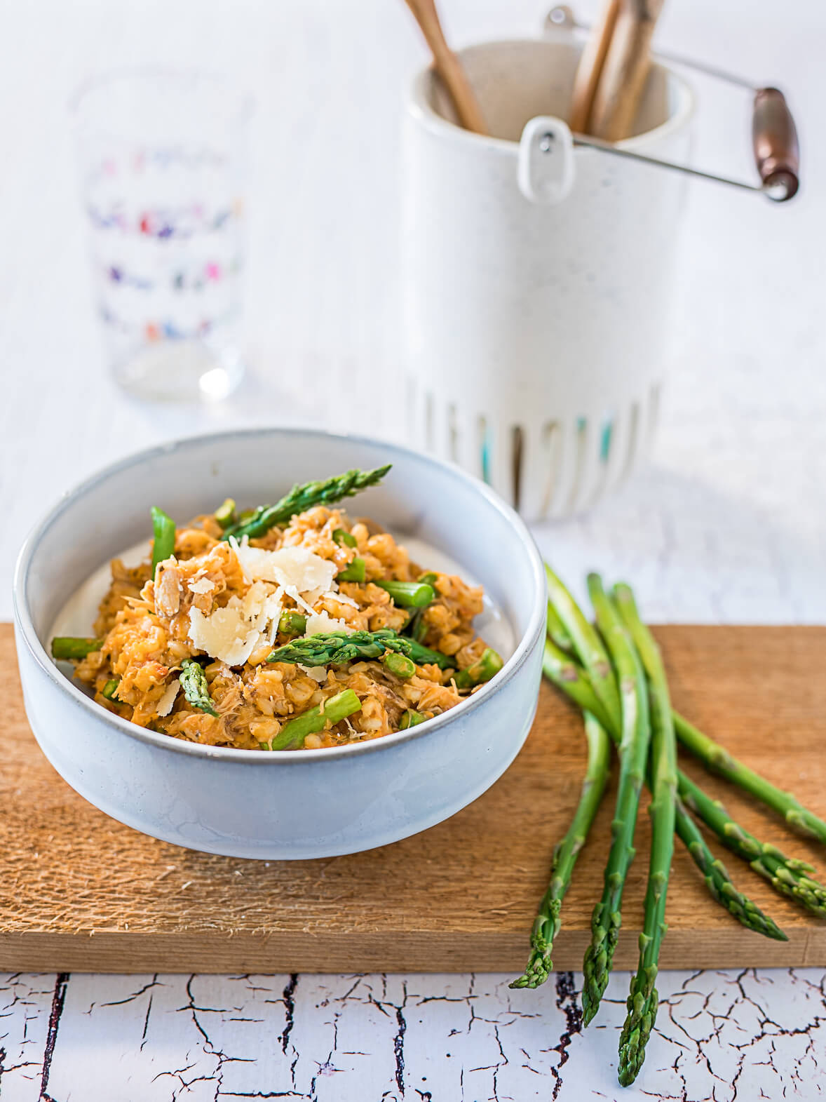 Barley Risotto with Shredded Chicken and Asparagus
