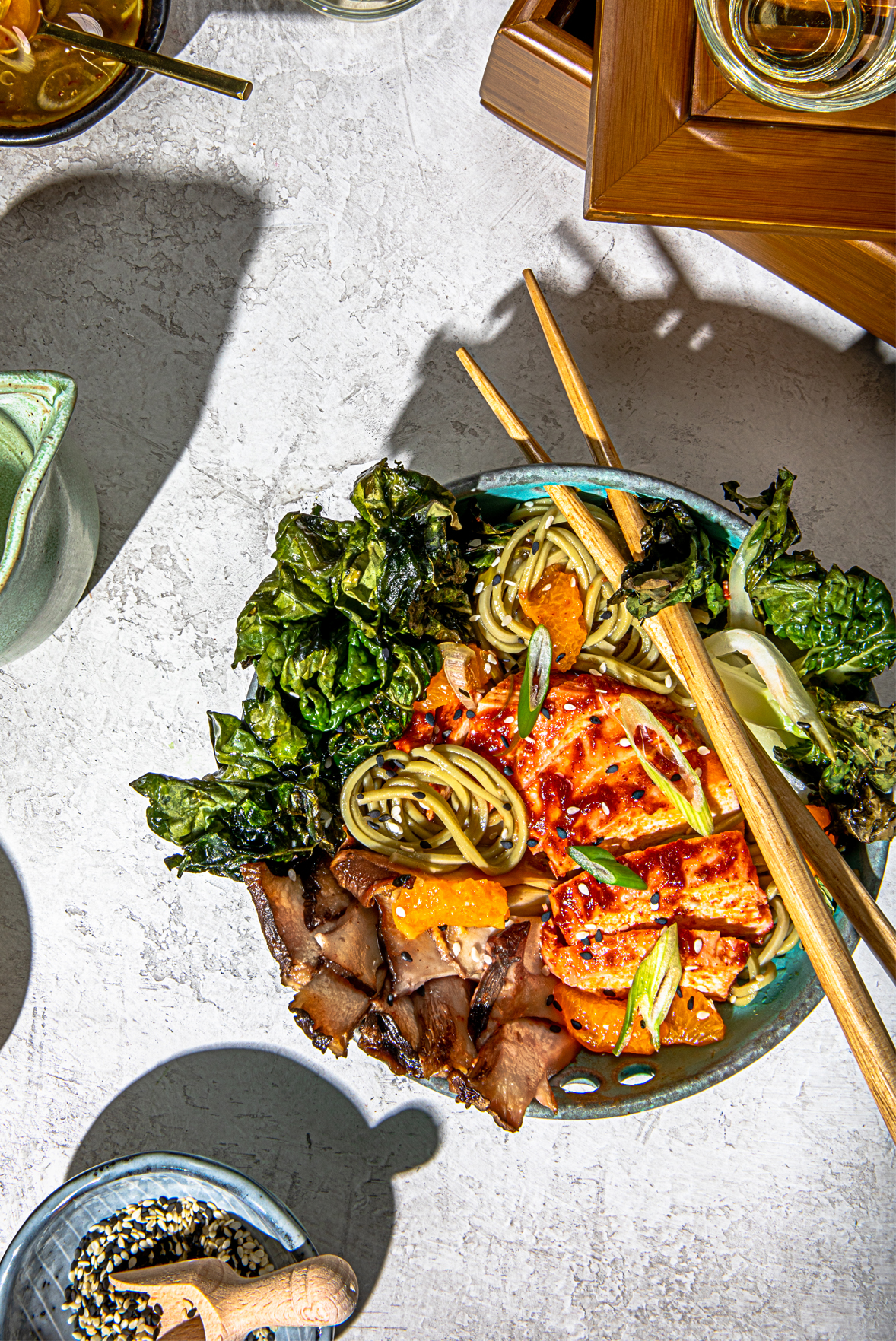 Asian bowl with honey glazed chicken and green tea noodles