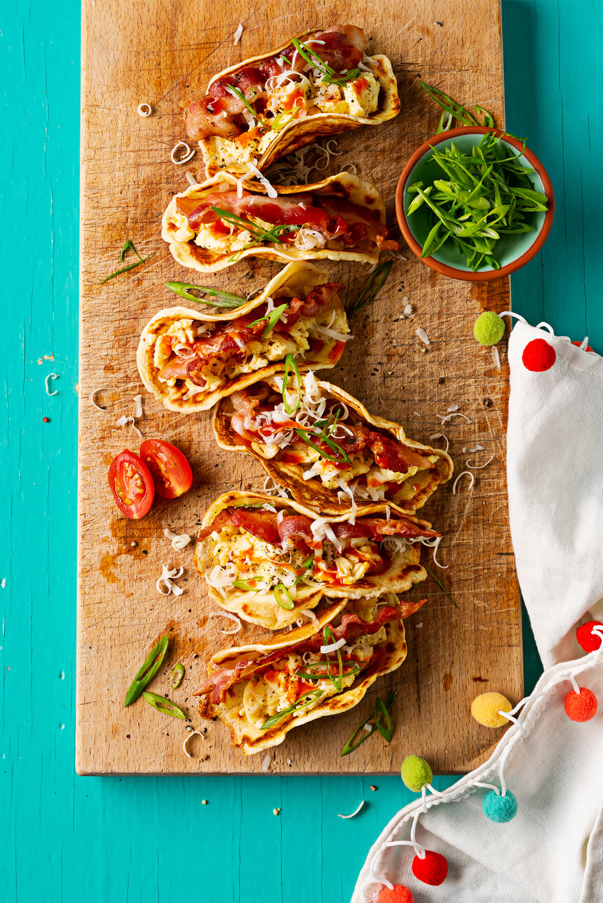 Bacon and cheese pancake tacos